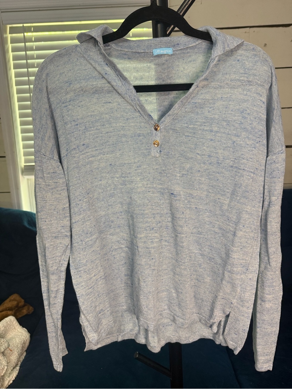 J. McLaughlin Light Blue V-Neck Hooded linen Shirt